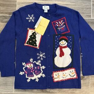 VTG The Quacker Factory NWT Christmas Snowman Sweater Cardigan Blue Ugly Sweater
